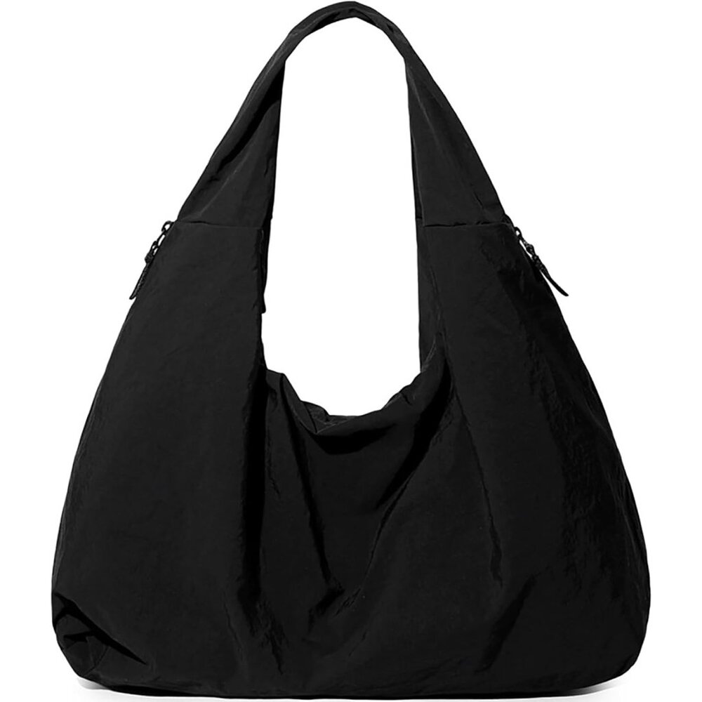 Elegant Black Nylon Slouchy Tote Bag Spacious Multi-Pocket Hobo For Women